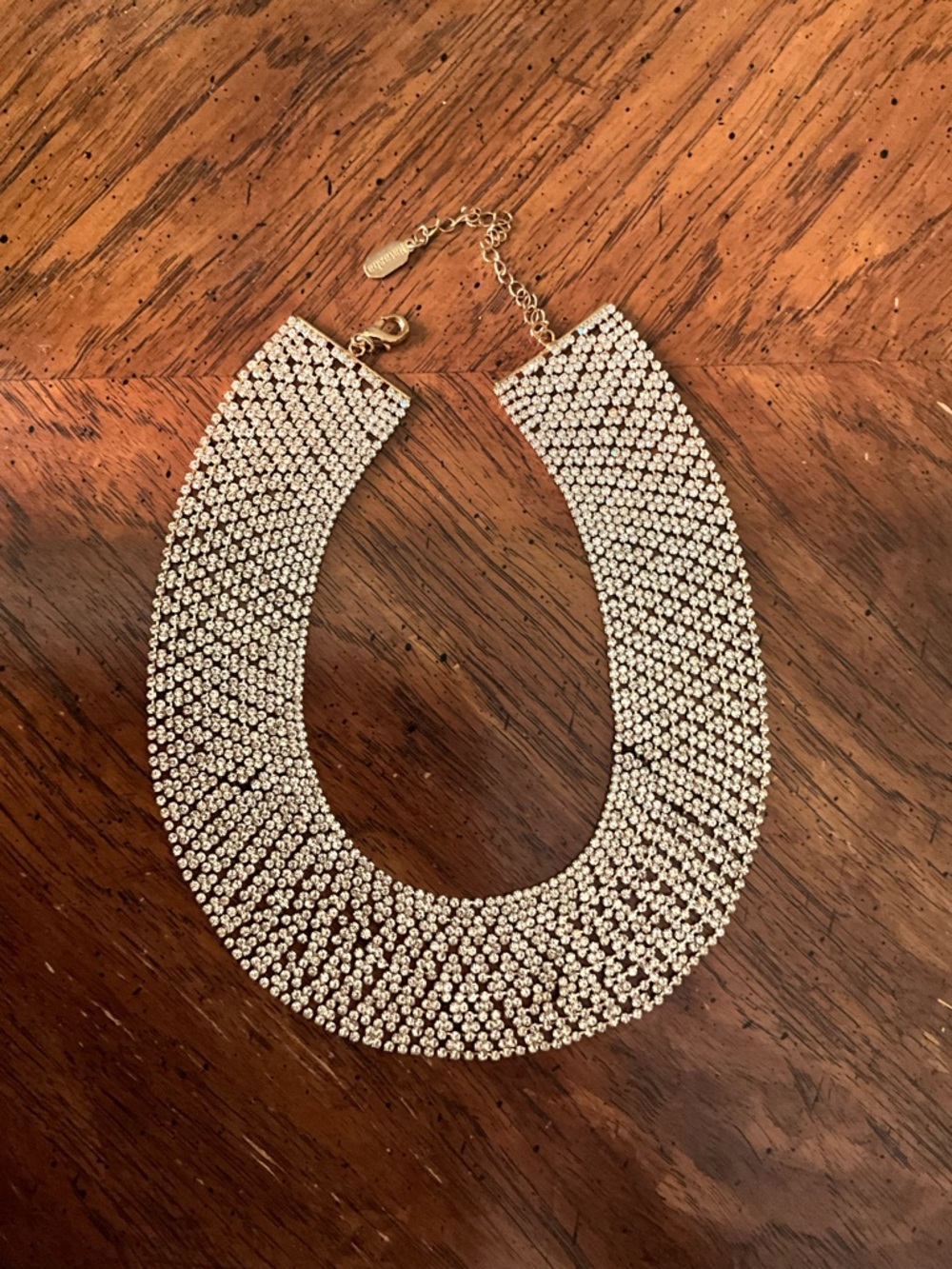 Natasha Couture Gold Rhinestone Mesh Statement Bib Necklace
